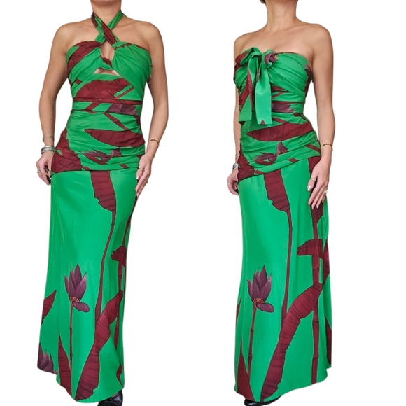 Johanna Ortiz Dresses & Skirts - Johanna Ortiz 100% Silk Tasteful Sunrise Palm Print Halter Maxi Dress Gown 0 XS